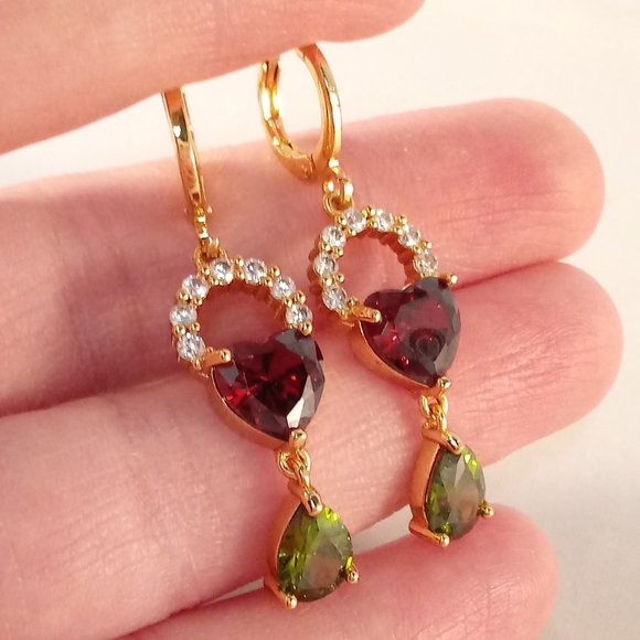 18K Yellow Gold Filled Garnet Red Diamond Zircon Heart Dangle Earrings 1.71ctw - Picture 2 of 4